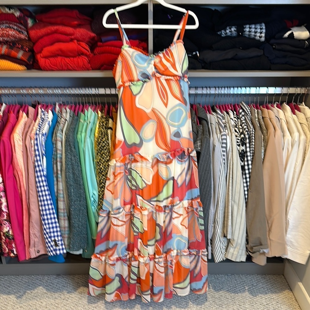 Alexis ivory/orange tiered adjustable strap side zipper maxi dress size S